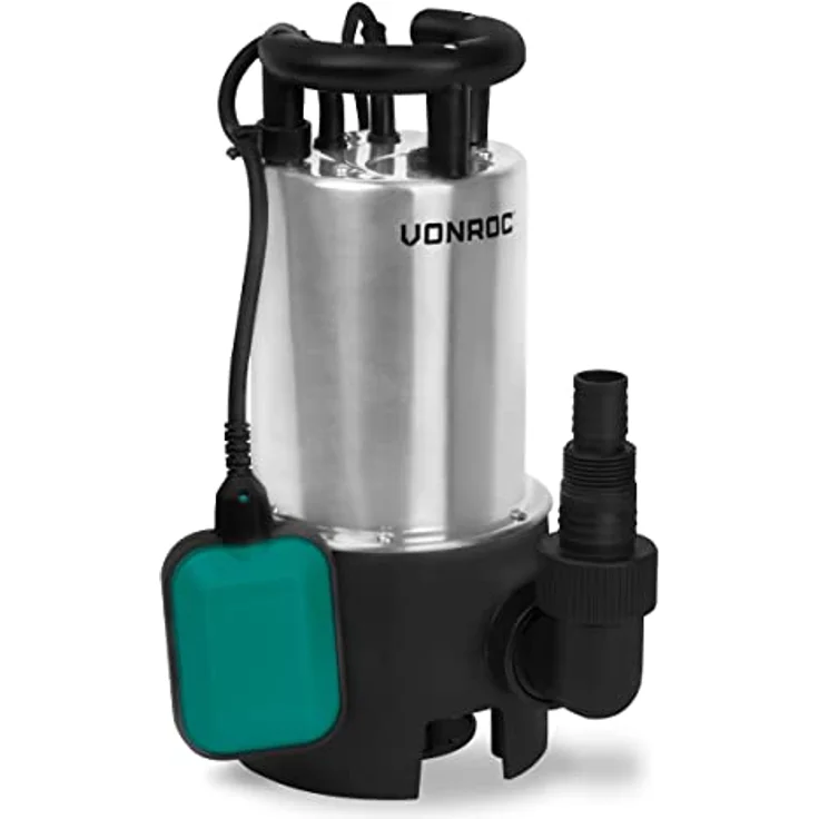 VONROC Tauchpumpe Schmutzwasserpumpe - Edelstahl-Wasserpumpe für Schmutzwasser - Flachsaugend - Gartenpumpe für sauberes Wasser mit integriertem Schwimmer (1100W - 20000l/h) – Bild 1