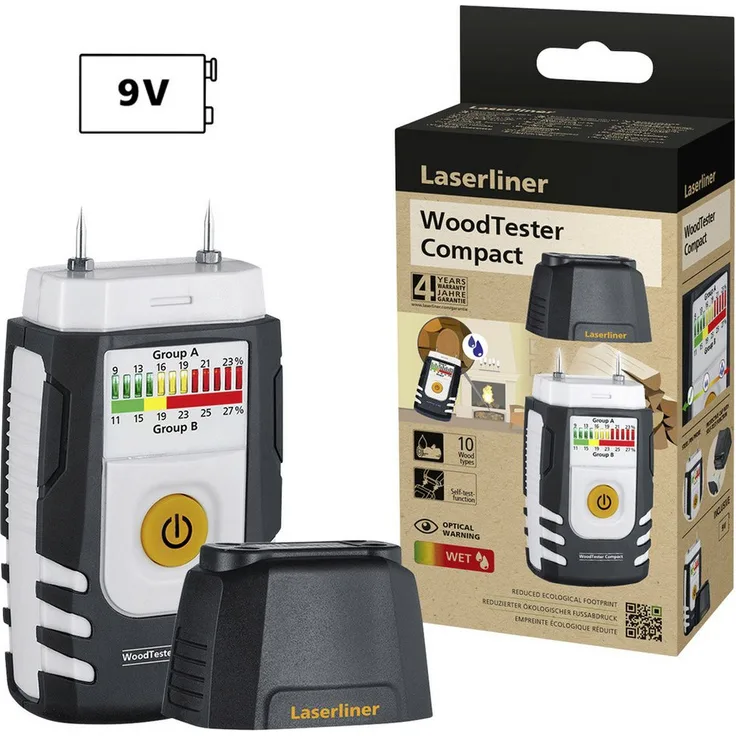 LASERLINER WoodTester Compact Holzfeuchtemessgerät - Nachhaltige Konstruktion, Dual-Skala, Batteriestatusanzeige, ergonomisches Gehäuse