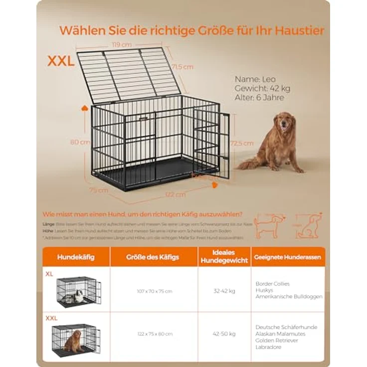 Feandrea Hundekäfig hochbelastbar, Hundebox, 122 x 75 x 80 cm, tintenschwarz, für große Hunde, Doppeltüren, leicht zu reinigen – Bild 4