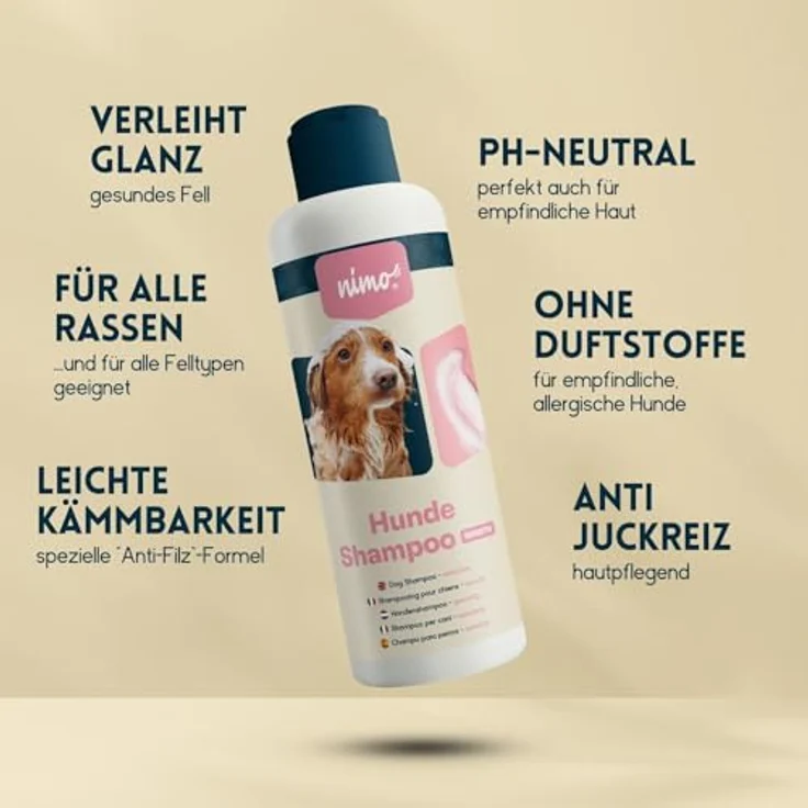 nimo Tiershampoo Hunde Shampoo sensitiv, 250 ml, gegen Juckreiz und Trockenheit, milde Waschsubstanzen ohne Duftstoffe – Bild 3