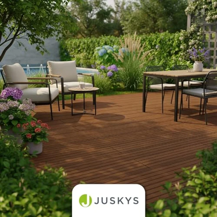 Juskys WPC-Terrassendielen, 20 m² Komplett-Set, witterungsbeständig, raue Oberfläche, Belastbarkeit bis 330 kg/m², Farbe Teak – Bild 7