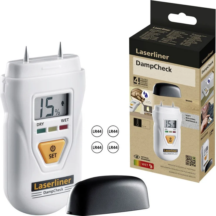 LASERLINER Feuchtigkeitsmesser DampCheck Baufeuchtemessgerät mit Umgebungstemperaturmessung, recyceltem Kunststoffgehäuse und Nass/Trocken LED-Anzeige