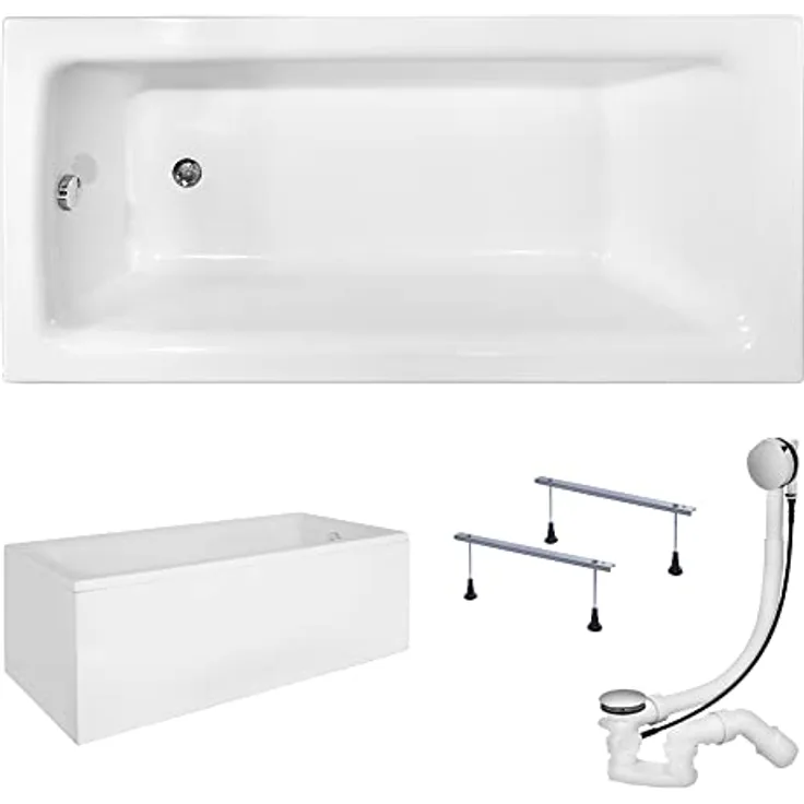 KOLMAN Badewanne TALIA Rechteck 110x70 mit AcrylSchürze, Ablaufgarnitur und Füßen Komplettset 4in1 Premium Original Acryl Wanne Siphon, reinweiß