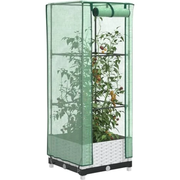 vidaXL Hochbeet Hochbeet mit Gewächshaus-Aufsatz Rattan-Optik 40x40x123 cm (1 St), Weiß, Stabiler Rahmen, Wasserfeste Abdeckung, Rattan-Look – Bild 2