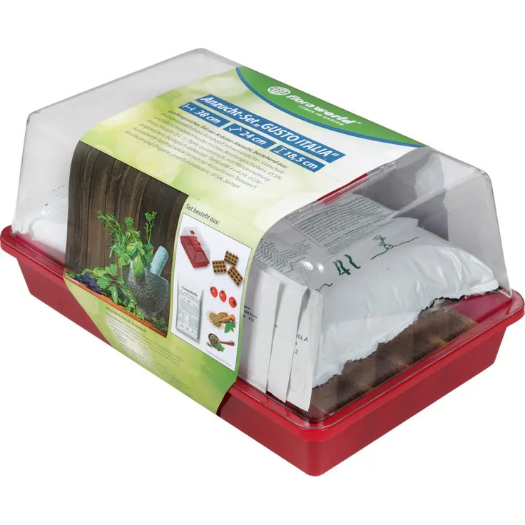 Elmar Jung Anzucht-Set "GUSTO ITALIA" comfort, quadratische Kunststofftöpfe mit Wasserschale und Klarsichtabdeckhaube, inklusive 4 l Aussaaterde und 45 Samen Tomaten, Basilikum, Oregano