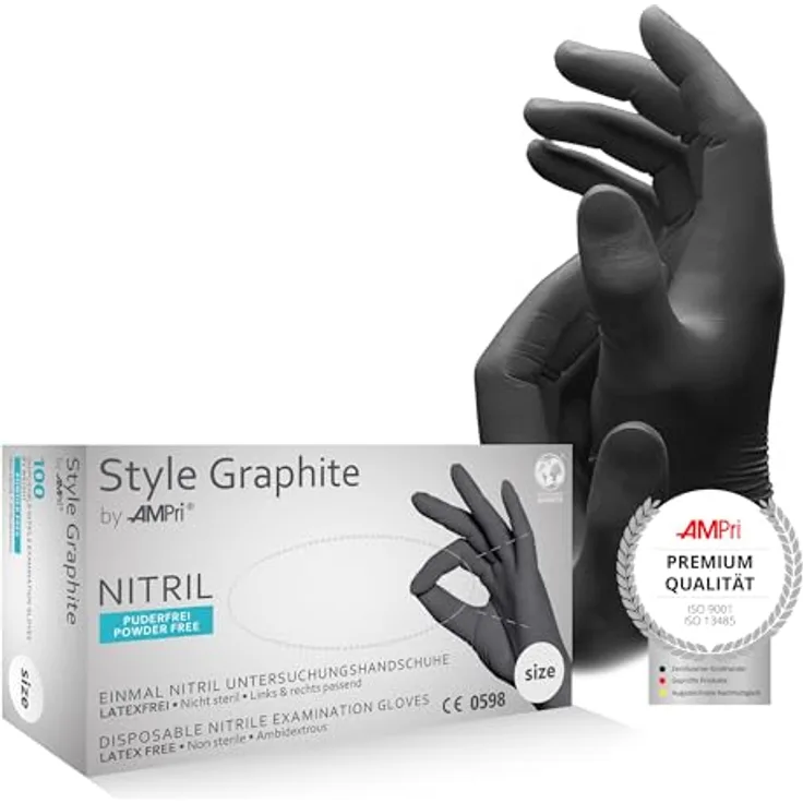 AMPri Nitrilhandschuhe, anthrazit, graphit, 100 Stück/Box, Größe M, puderfrei, Style Graphite by Med-Comfort: Nitril Einmalhandschuhe, Einweghandschuhe in den Größen XS, S, M, L, XL
