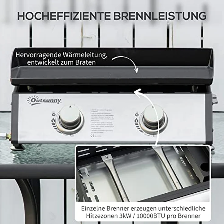 Outsunny Tischgrill Gasgrill BBQ mit 2 Brennern, Tischgasgrill mit Schlauch, Antihaft-Grillplatte, Campinggrill für Picknick, Garten, Edelstahl+Metall, Silber, 48,5 x 46 x 21 cm – Bild 4