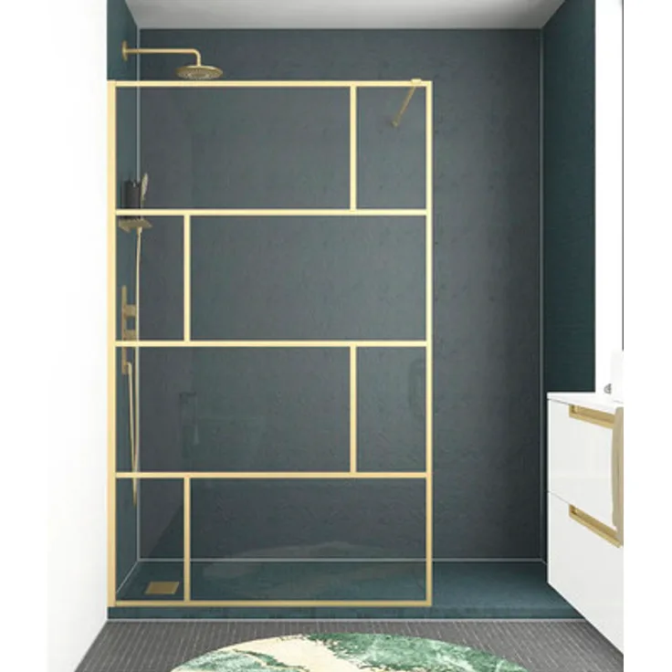 AURLANE Walk In Bricks Gold, Duschabtrennung 120 x 200 cm, Profil gold, Klarglas, reversibel, mit Stabilisationsbügel