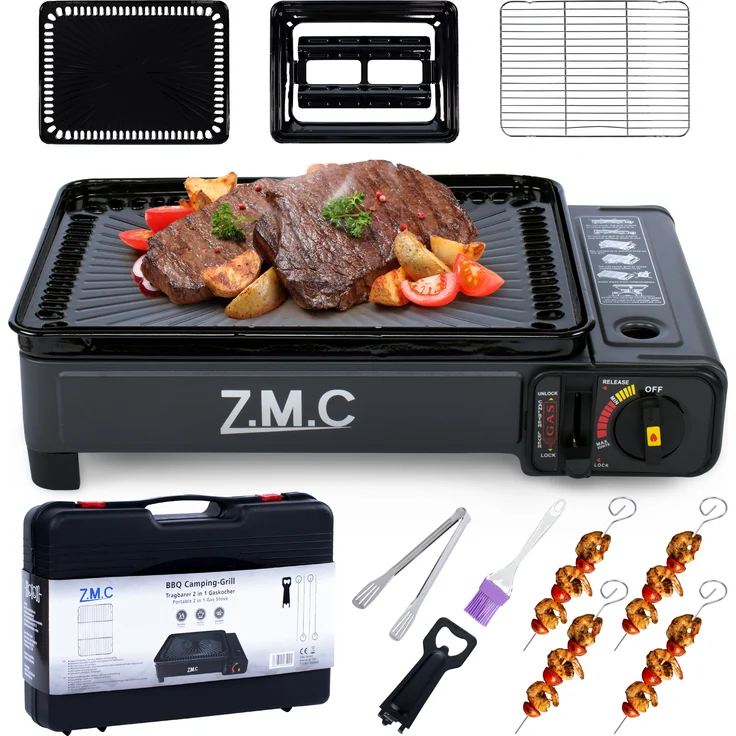 ZMC 2-in-1 Gaskocher + Gasgrill 2,2KW, inkl. Zubehör, Campingkocher mit Grillplatte + Grillrost, Tragekoffer, 3,8kg, Piezo-Zündung ohne Gaskartusche, schwarzes Design