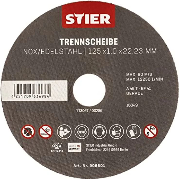 STIER Trennscheibe Edelstahl 125 x 1,0 x 22,23 mm, Form gerade 5 Stk, für den Einsatz auf Edelstahl geeignet