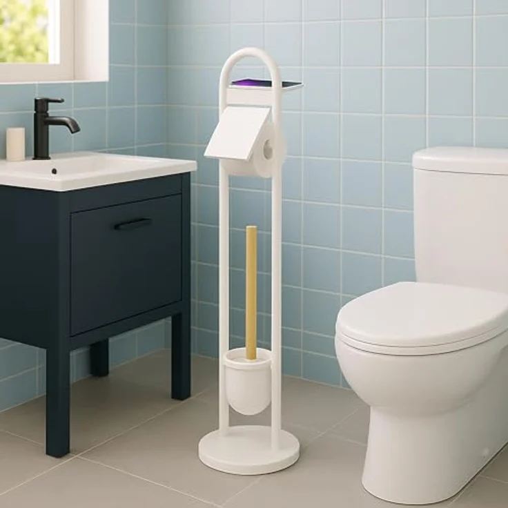 Relaxdays WC-Garnitur, Rollenhalter mit Ablage & Bürstenhalter, Eisen/Bambus, weiß/Natur, HxBxT: 79 x 21,5 x 21,5 cm, freistehend, stabil mit rutschfestem Zementfuß – Bild 1