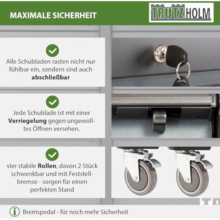 TRUTZHOLM Werkstattwagen Werkstattwagen DELUXE 12 Schubladen unbestückt mit massiver Arbeitspla, Profi Schubladenauszüge bis 40kg Tragkraft – Bild 5