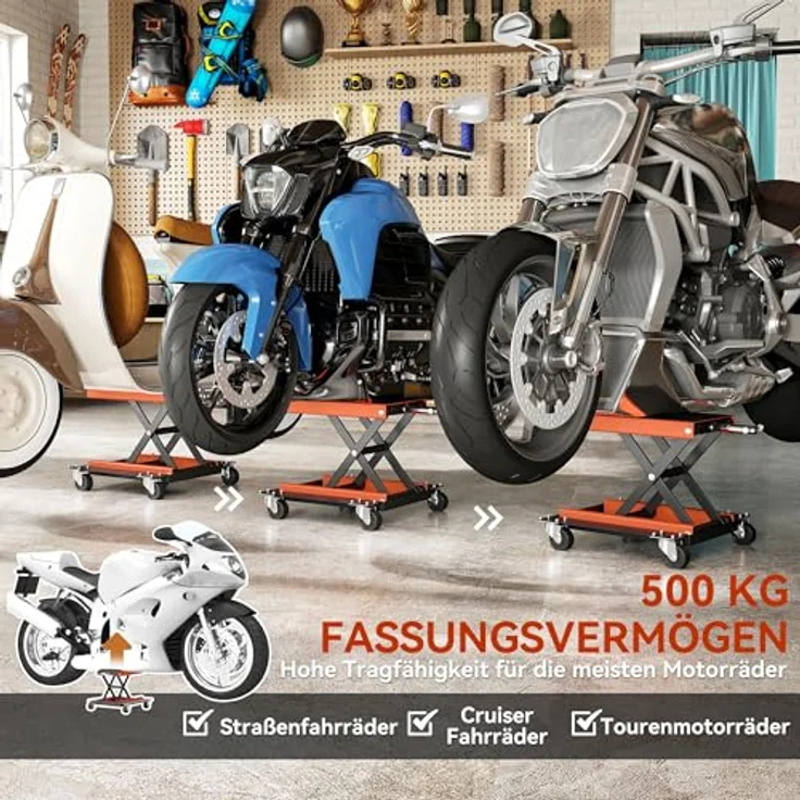 HOMCOM Motorradhebebühne 500 kg, höhenverstellbar von 135-390 mm, mit rutschfester Plattform und 360° drehbaren Rädern, für Garage & Außenbereiche – Bild 4