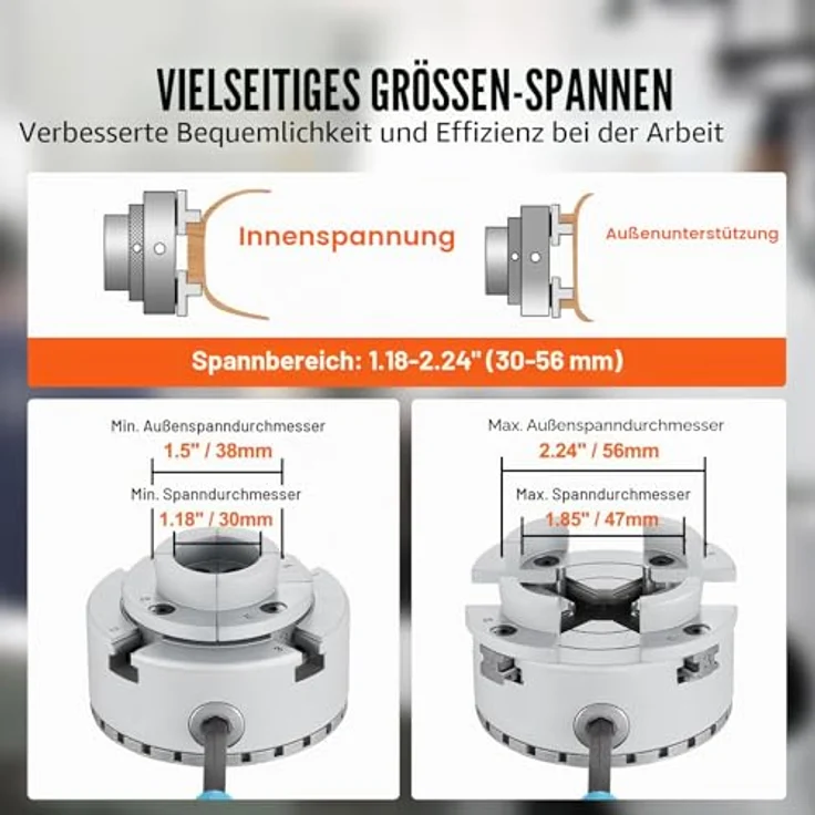 VEVOR KP2-3/4 Drehbankfutter 4-Backen φ70mm, Klemmbereich 30–47mm, Innengewinde 1x8 TPI, präzise Ausrichtungsgenauigkeit ≤0,3mm – Bild 4