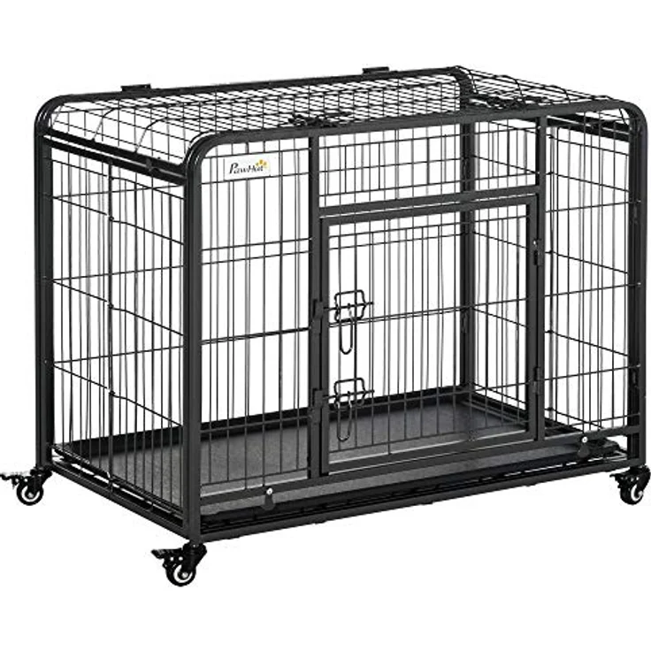 PawHut Transportbox Faltbarer Transportkäfig mit Rädern 2 abschließbare Türen und abnehmbares Tablett Metall Grau+Schwarz 94 x 58 x 69,5 cm – Bild 1