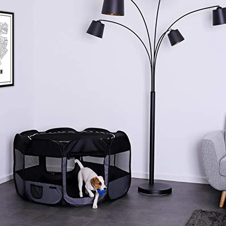 lionto Welpenauslauf faltbar aus Oxfordgewebe & atmungsaktivem Netzstoff, Ø 110 cm, Höhe 64 cm, mit 2 Eingängen und Pop-up-System, schwarz/grau, inkl. Tragetasche & Heringe – Bild 2