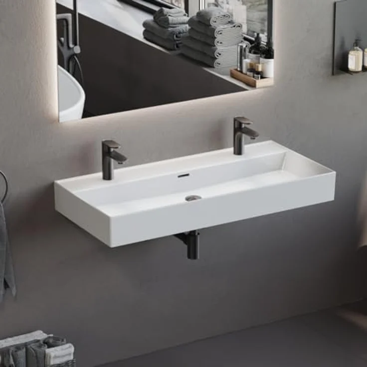 Aqua Bagno Loft Air 100 Doppelwaschbecken 100cm weiß eckig Wandmontage Aufsatzwaschtisch – Bild 2