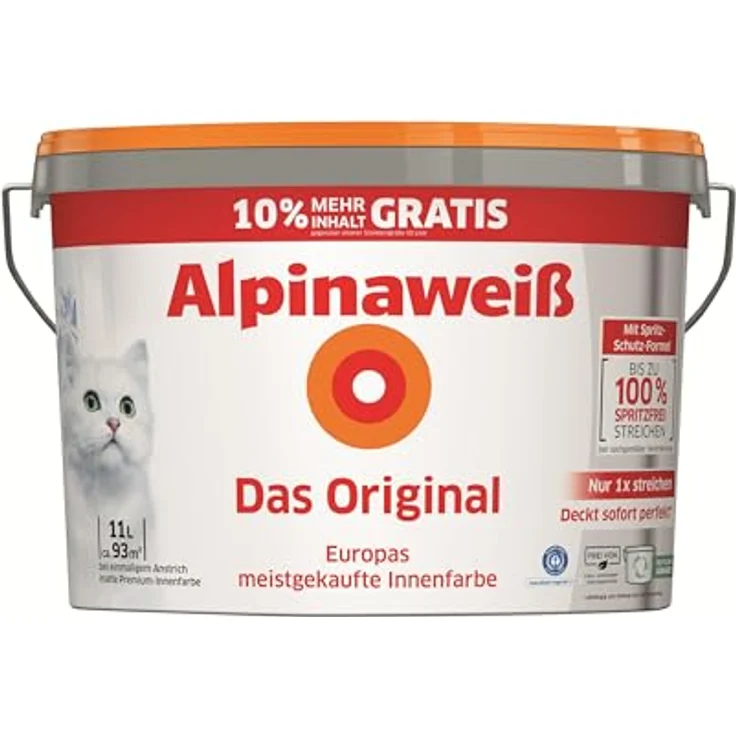 Alpina Alpinaweiß Das Original, emissionsarme Innenfarbe mit Spritzschutz-Formel, 11 l - höchste Deckkraftklasse 1, geruchsneutral – Bild 1