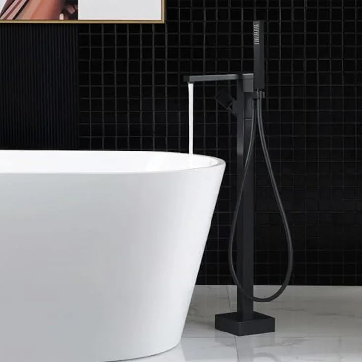 Rea TERY Freistehende Badewannenarmatur, Einhebel Mischbatterie mit Handbrause, schwarz, aus Messing, Wasserhahnhöhe 885 mm, Auslaufreichweite 200 mm – Bild 2