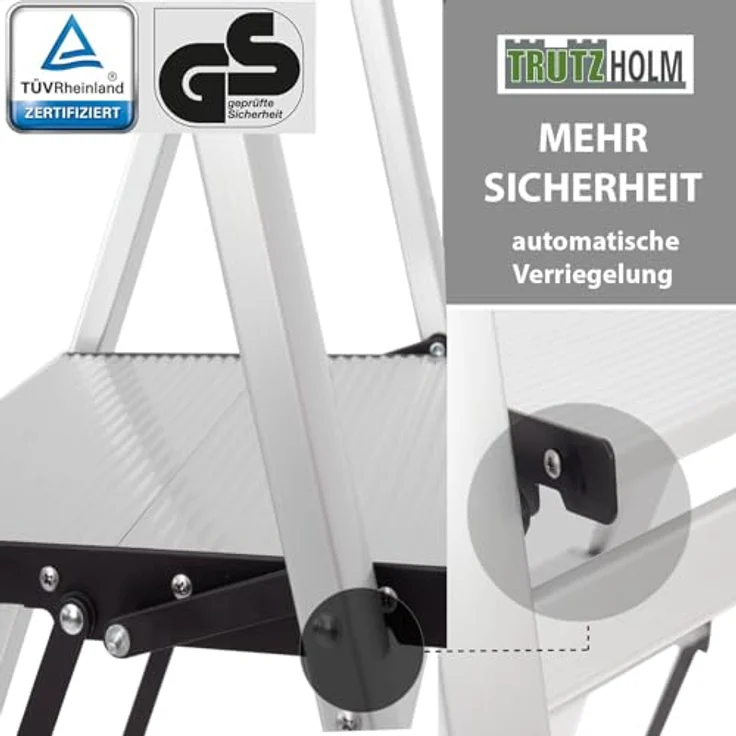 TRUTZHOLM Alu Trittleiter 4-stufig klappbar, bis 150 kg Traglast, TÜV/GS, Anti-Rutsch Trittflächen, silber, 5,6 kg leicht, platzsparend – Bild 5