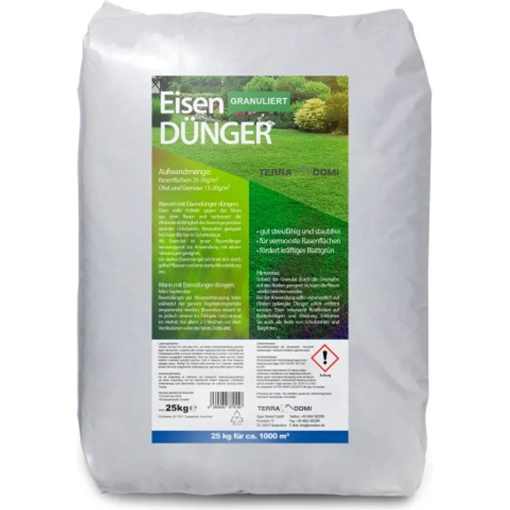 TerraDomi 25kg Eisendünger granuliert abgestimmt auf vermooste Rasenflächen für ca. 1000m²