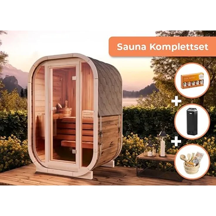 FinnTherm Fasssauna Sauna-Komplettset Ellipso S, Thermoholz, Platzsparendes Design, inkl. Saunaofen – Bild 2