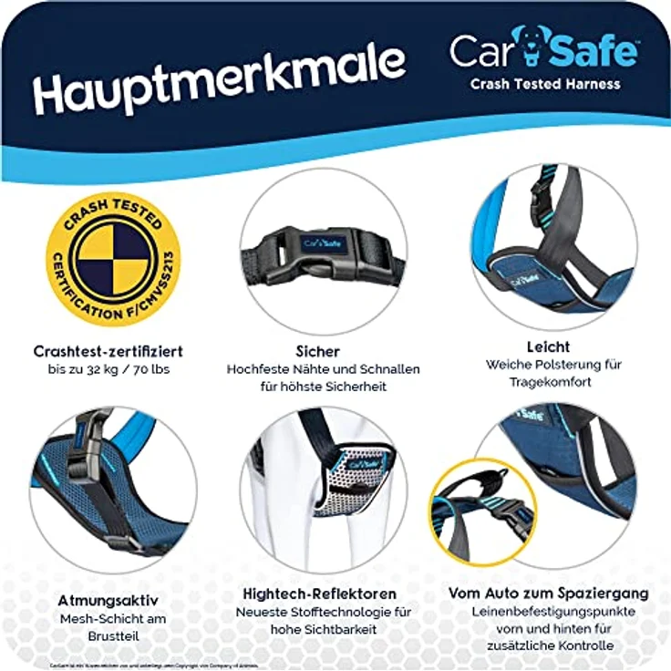 Company of Animals Hunde-Geschirr CarSafe Crash Tested Hundegeschirr blau, gepolstert, atmungsaktiv, flexibel, sicher bis 32 kg, reflektierend – Bild 5