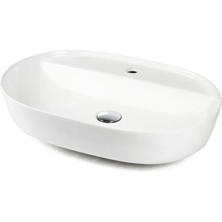 STABILO Sanitaer Keramik Aufsatz Waschbecken Oval 600 x 420 x 135 mm Anschlussset weiß mit Ablage