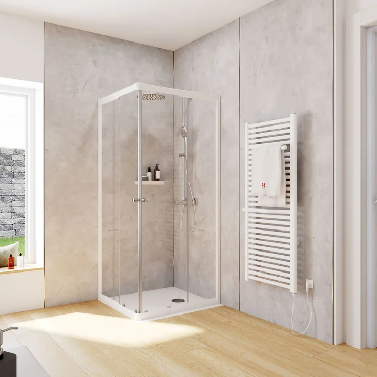 Schulte Duschkabine Corner Eckeinstieg mit Schiebetüren, 4mm ESG Sicherheitsglas, 75 x 80 cm, Profilfarbe Alpinweiß, Höhe 180 cm, klare Optik