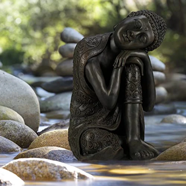 Relaxdays Buddha Figur geneigter Kopf, XL 60cm, Asia Gartenfigur, Dekofigur Wohnzimmer, Frost- & wetterfest, dunkelgrau – Bild 3