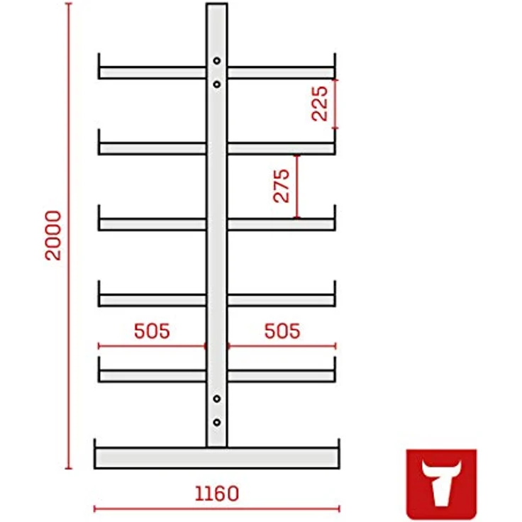STIER Kragarmregal, doppelseitig, 2 Felder mit 5 Ebenen, Tragkraft 200kg pro Kragarm, BxHxT 2600x2000x500mm, made in Germany – Bild 2