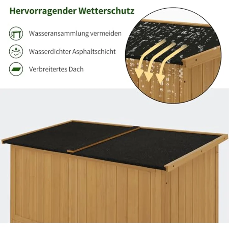 M MCombo Gartenschrank Holz, Gartenhaus Klein Wetterfest, Outdoor Gerätehaus Geräteschuppen, für Außenbereich Balkon Terrasse, 59×127×168 cm, 0901D (Natur) – Bild 4