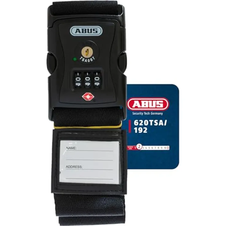 Abus Zurrgurt 620 TSA, Gepäckband mit 3 Zahlenrollen, 192 cm, schwarz