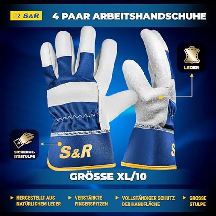 S&R Leder-Arbeitshandschuhe XL/10, 4 Paar, flexibles Echtleder mit weichem Innenfutter, für Bau-, Garten-, Metall- und Forstarbeiten – Bild 2