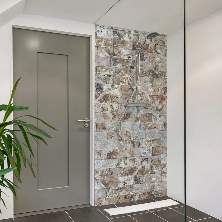 Apalis Home Duschrückwand selbstklebend, 0.35 mm wasserfestes Wandpaneel in beige Marmoroptik, fugenloses Design 80x190 cm