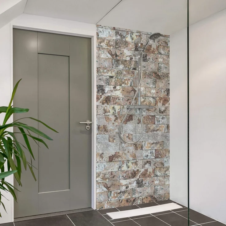 Apalis Home Duschrückwand selbstklebend, 0.35 mm wasserfestes Wandpaneel in beige Marmoroptik, fugenloses Design 80x190 cm
