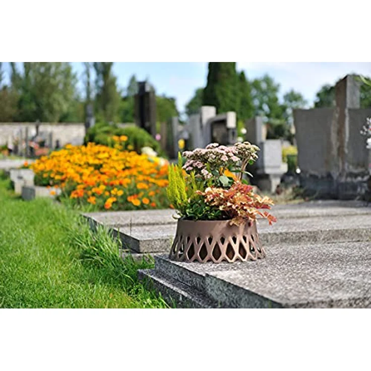 Plastia Roseta Grabschale mit Wasserspeicher - Runde Pflanzschale für Friedhof - Frostsicher Blumentopf aus Hochwertigem Kunststoff, Ø 30 cm, Bronze – Bild 2