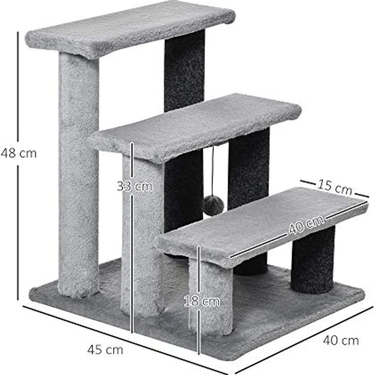 Pawhut Haustiertreppe mit Kratzbaum Ball 3-stufige Katzentreppe Hundetreppe Tiertreppe Spanplatte Plüsch Jute Grau 45 x 40 x 48 cm – Bild 3