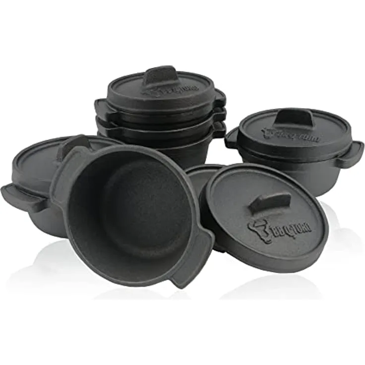 BBQ-Toro Mini Dutch Oven Set (6 Stück), Ø 11 cm, bereits eingebrannt - preseasoned, Gusseisen Serviertöpfe, Kochtopf kleiner Bräter Gusstopf