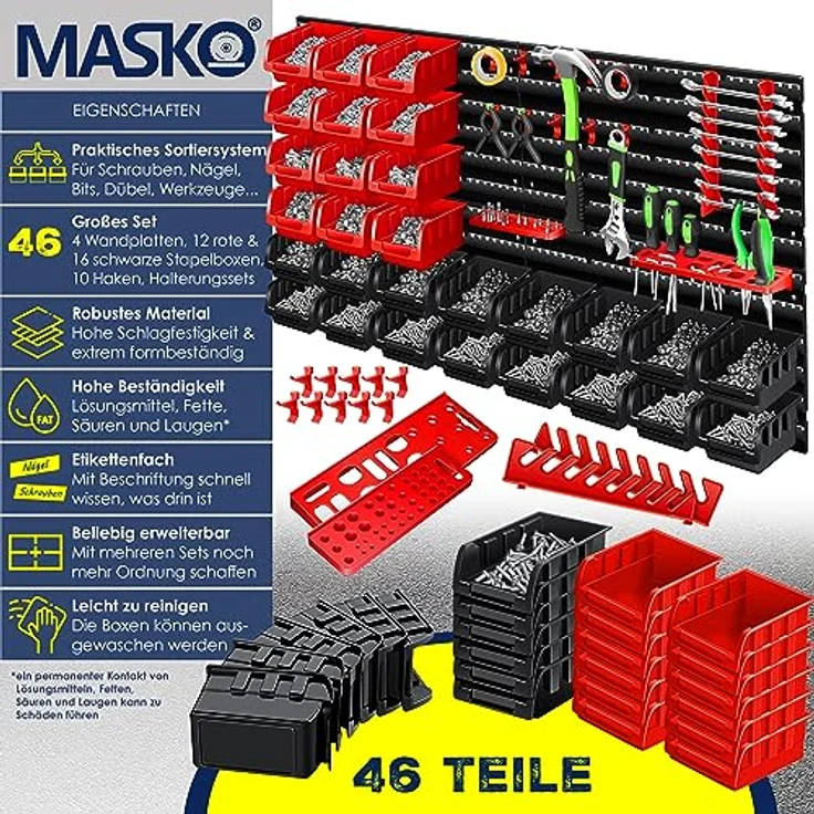 MASKO® Wandregal + Stapelboxen + Werkzeughalter | 45 tlg Box | Erweiterbar | Werkstattregal Lagerregal Steckregal Set Box | Sichtlagerkästen | Kleinteilemagazin | Sortimentskasten | Werkstatt | – Bild 3