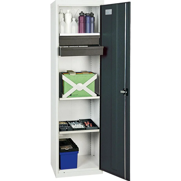 Stumpf Werkstattschrank Serie 3000, lichtgrau / anthrazitgrau, 2 Schubladen (100 mm) + 3 höhenverstellbare Wannenböden (50 cm, 180 cm), schlag- und kratzfest, TÜV-geprüft