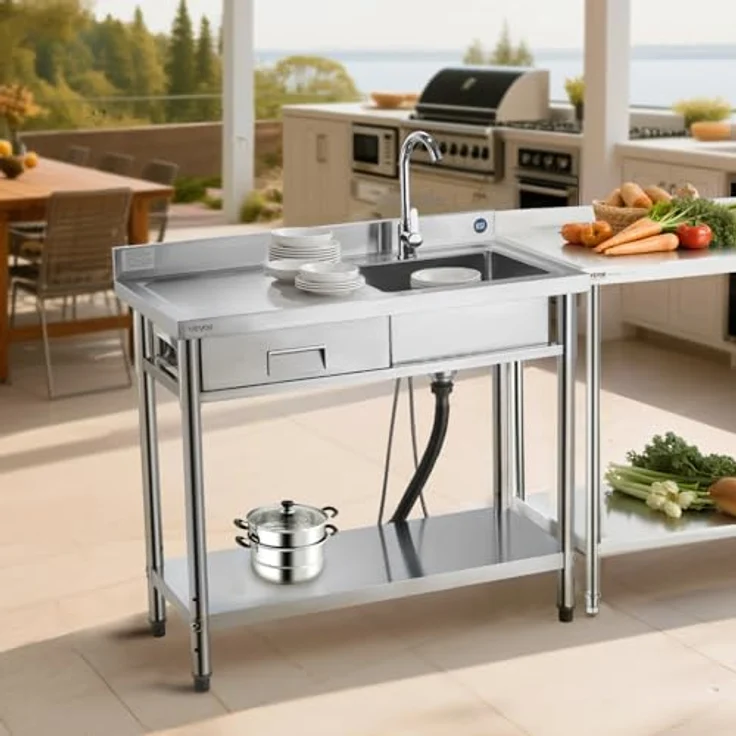 VEVOR Edelstahl Spültisch mit Einzelbecken, Wasserhahn & Schublade, 100 x 50 x 94 cm, für Garage, Restaurant und Wäscherei, Arbeitsplatte links – Bild 8