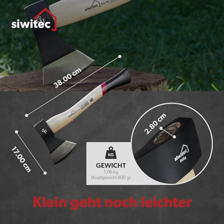 siwitec Holzaxt SH-80, Spaltaxt mit 800 Gramm Kopfgewicht, Axt zum Holz spalten mit Hickory-Stiel und C45 Carbon Klinge, Beil, Universalaxt – Bild 2