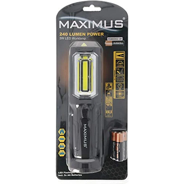 Maximus Arbeitlampe M-WKL-012-DU, LED COB Handlampe mit 240/60 Lumen, 90° drehbar, stoßfest und spritzwassergeschützt, inkl. 3xAA Batterien – Bild 4