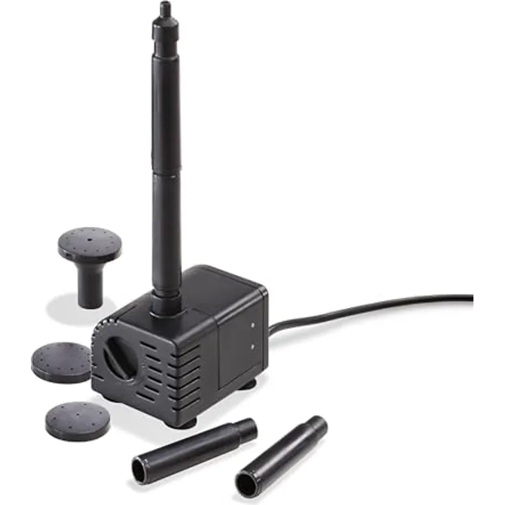 Esotec Solar Einzelpumpe Fountain 250 330 LED, Tauchpumpe 6-9V/DC, max. 330l/h, IP68, für Gartenteich und Brunnen, mit 4 Düsenaufsätzen, inklusive 5m Kabel