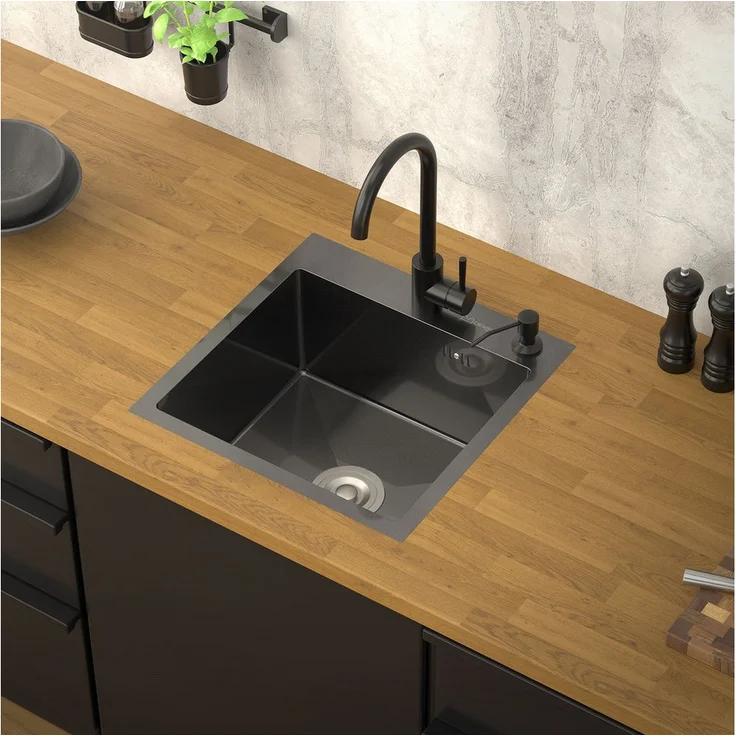 ML-DESIGN Küchenspüle Spülbecken aus Edelstahl, 45/45 cm, Anthrazit Einzelbecken mit Ab- und Überlaufgarnitur & Siphon