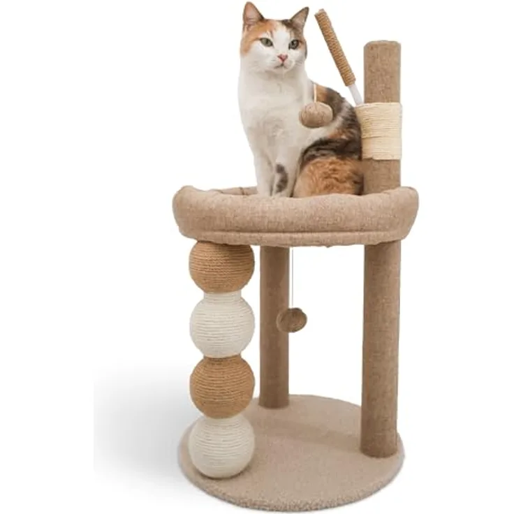 LINUMA® Kratzbaum Beige, 3-in-1 Katzenbaum mit Spielball und Kuschelbett, platzsparend für kleine Wohnungen