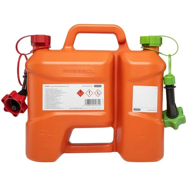 Pressol 21031 Kombi-Kraftstoffkanister 8 l, Kraftstoff 5 l + Kettenöl 3 l, HDPE, UN-Zulassung 3H1/Y/130, Auslaufrohr 125 mm