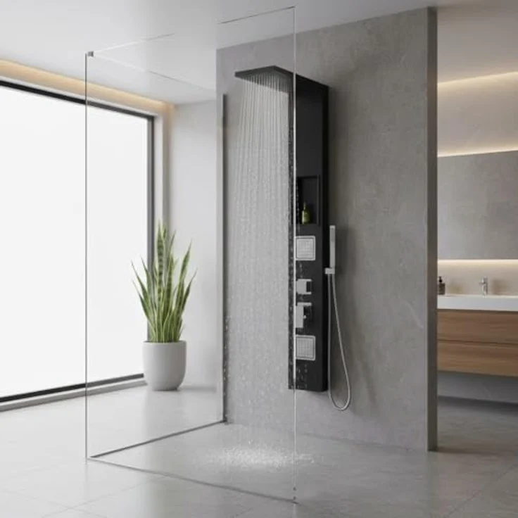 Wunderbad Duschpaneel Schwarz Matt mit Mischerventil, integrierter Wandnische, Regendusche, Massagedüsen und Handbrause – Bild 5
