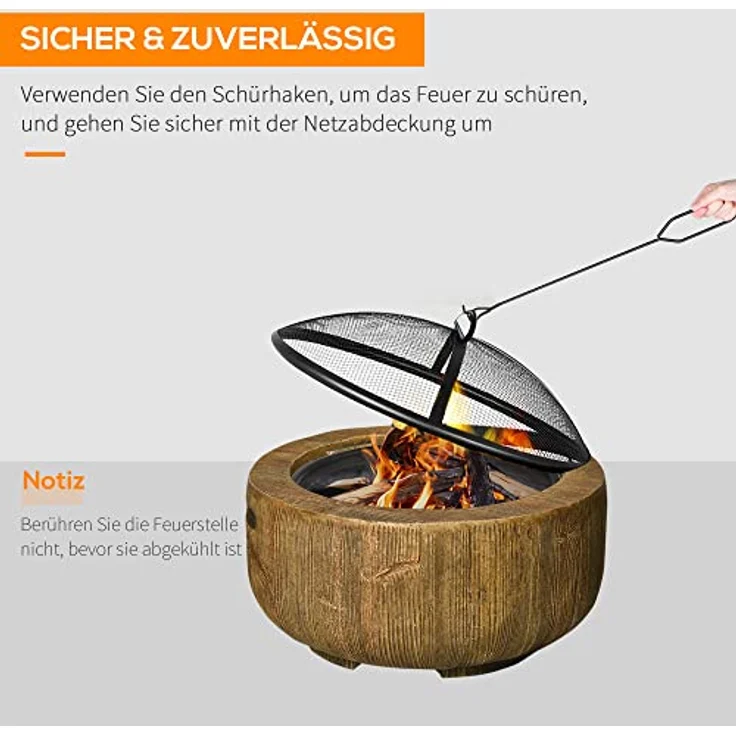 Outsunny Feuerschale, Feuerstelle mit Deckel, Feuerkorb mit Schürhaken, im Baumstumpf-Design, für Garten, Camping, Terrasse, Stahl, MgO, Braun – Bild 5